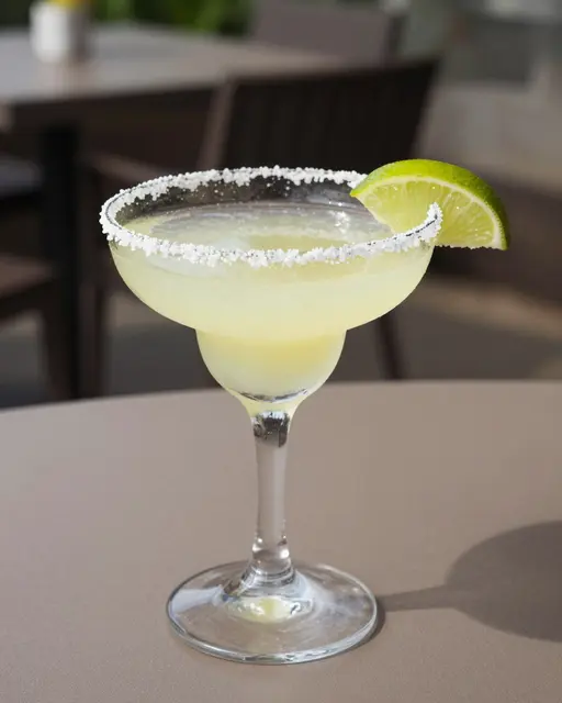A salt-rimmed margarita cocktail with a lime wedge sits on an outdoor patio table in bright sunlight.