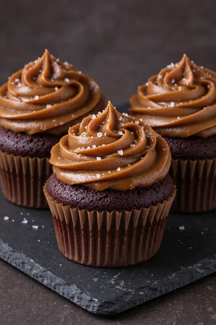 Three dark chocolate cupcakes with salted caramel frosting sit on a dark slate board