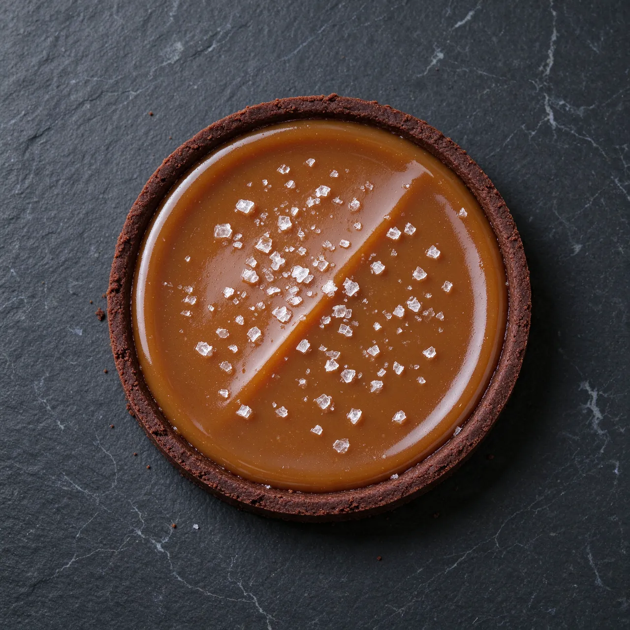 Overhead view of a salted caramel tart with chocolate crust set on dark slate