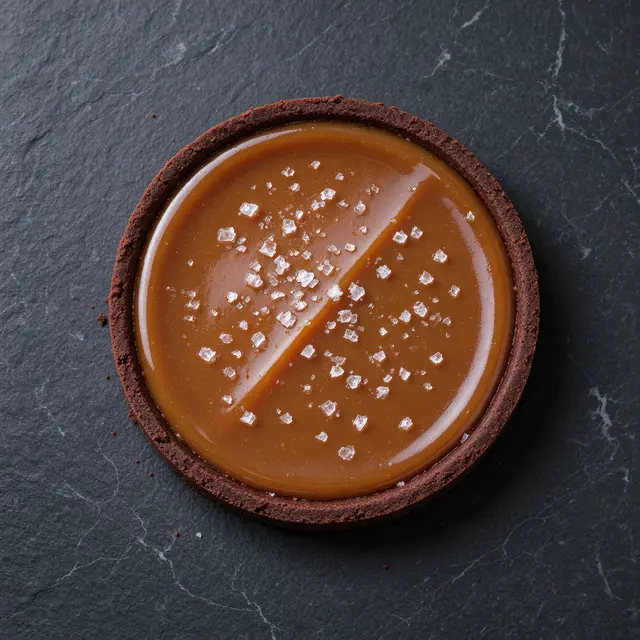 Overhead view of a salted caramel tart with chocolate crust set on dark slate