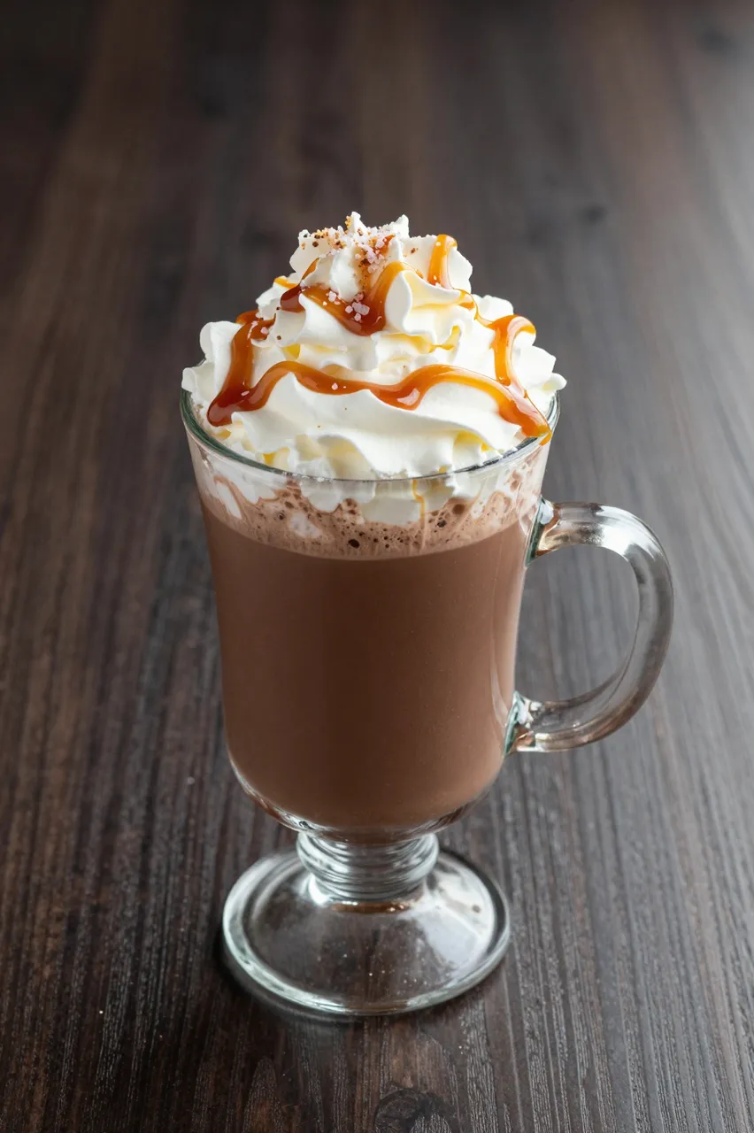 Clear glass mug of salted caramel hot chocolate topped with whipped cream, caramel drizzle and flaky salt on a dark wooden