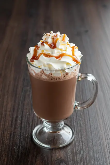 Clear glass mug of salted caramel hot chocolate topped with whipped cream, caramel drizzle and flaky salt on a dark wooden