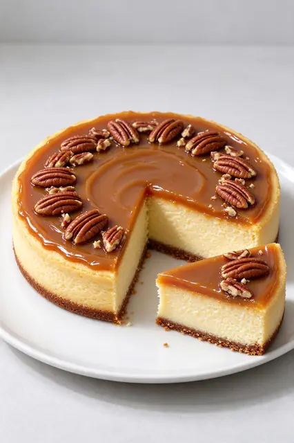 Whole baked cheesecake with a separated sliced portion, topped with glossy caramel and pecans on a white plate