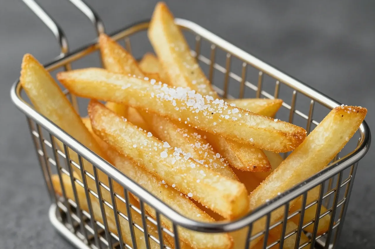Crispy sea salted french fries served in a small wire metal frying basket on a dark surface