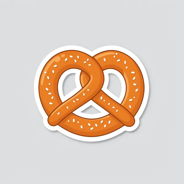 A cute die-cut sticker of a salted soft pretzel with a thick white border on a light gray background
