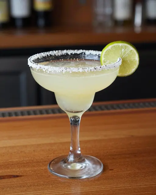 A margarita with a salted rim and lime garnish sits on a polished wooden bar top