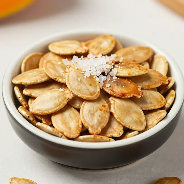 Close up of roasted pumpkin seeds topped with sea salt in a small ceramic bowl