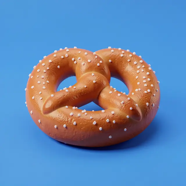 A glossy golden brown salted soft pretzel rendered in 3D sits against a solid bright blue background