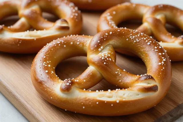 Fresh soft pretzels sprinkled with coarse salt rest on a light wooden cutting board