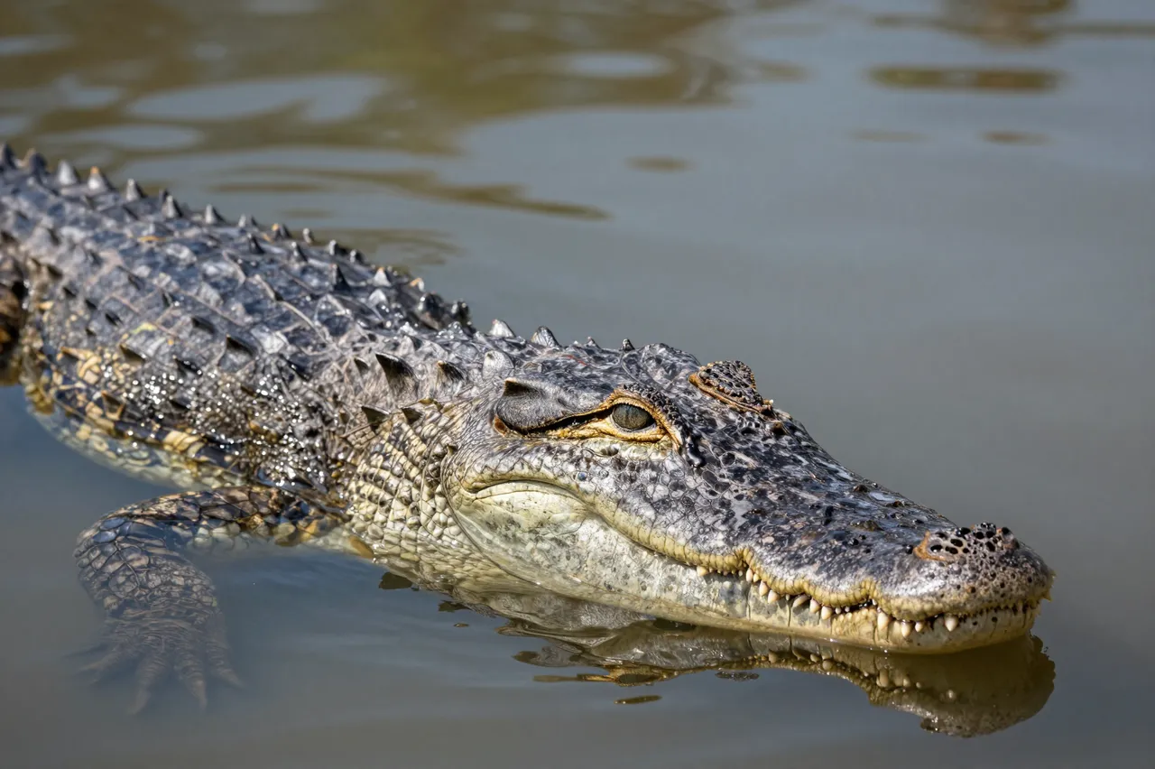 A saltwater crocodile floats with its head and upper back above calm murky water