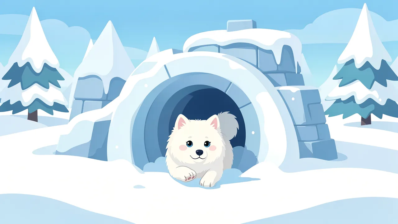 Cute fluffy white samoyed dog peeks out from a snow tunnel entrance to an icy igloo fort on a bright winter day
