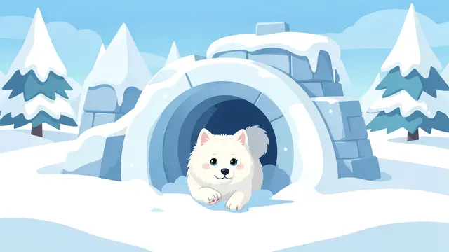 Cute fluffy white samoyed dog peeks out from a snow tunnel entrance to an icy igloo fort on a bright winter day