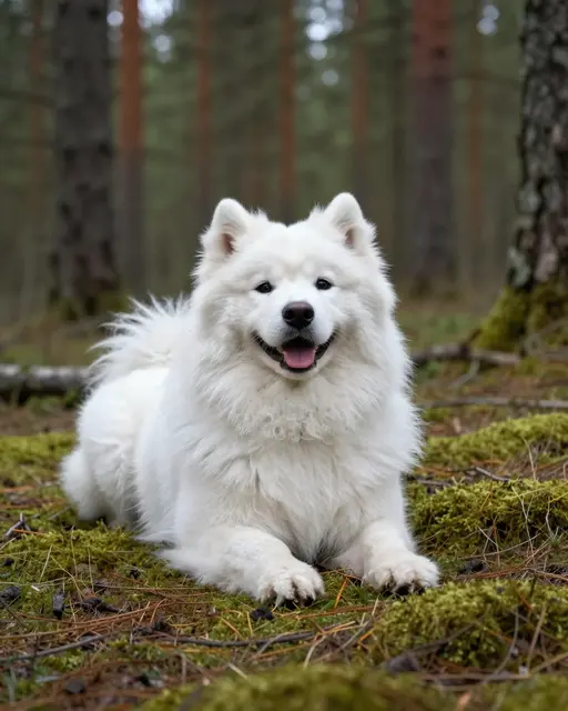 Fluffy white Samoyed dog rests on mossy pine forest floor with a happy expression
