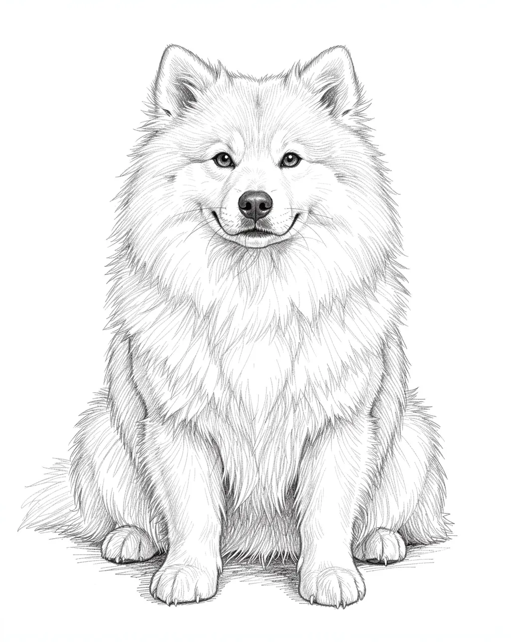 A detailed graphite pencil sketch of a fluffy samoyed sitting upright and facing the viewer