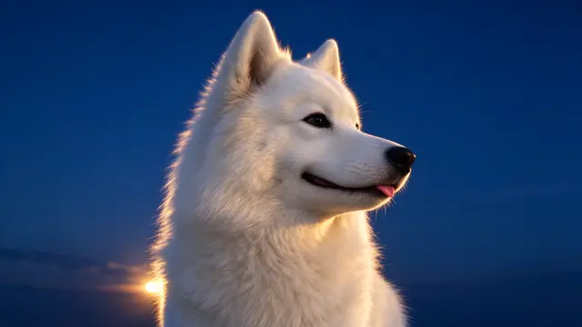 Fluffy white Samoyed dog in profile is rim-lit by low sun against a deep blue evening sky