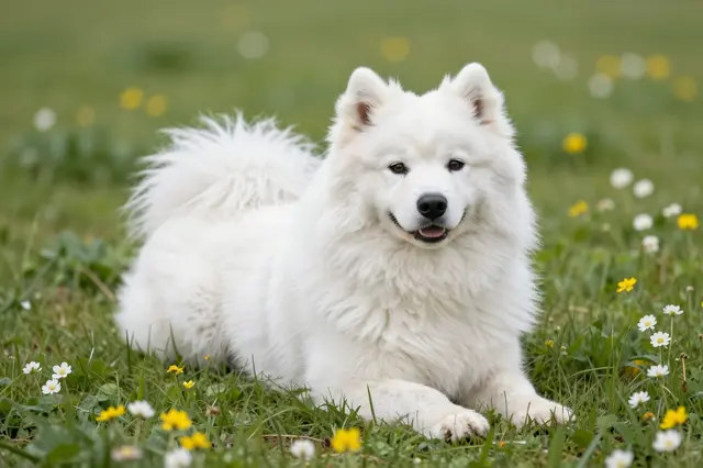 Fluffy white samoyed dog lies calmly in a sunlit grass field dotted with small spring wildflowers