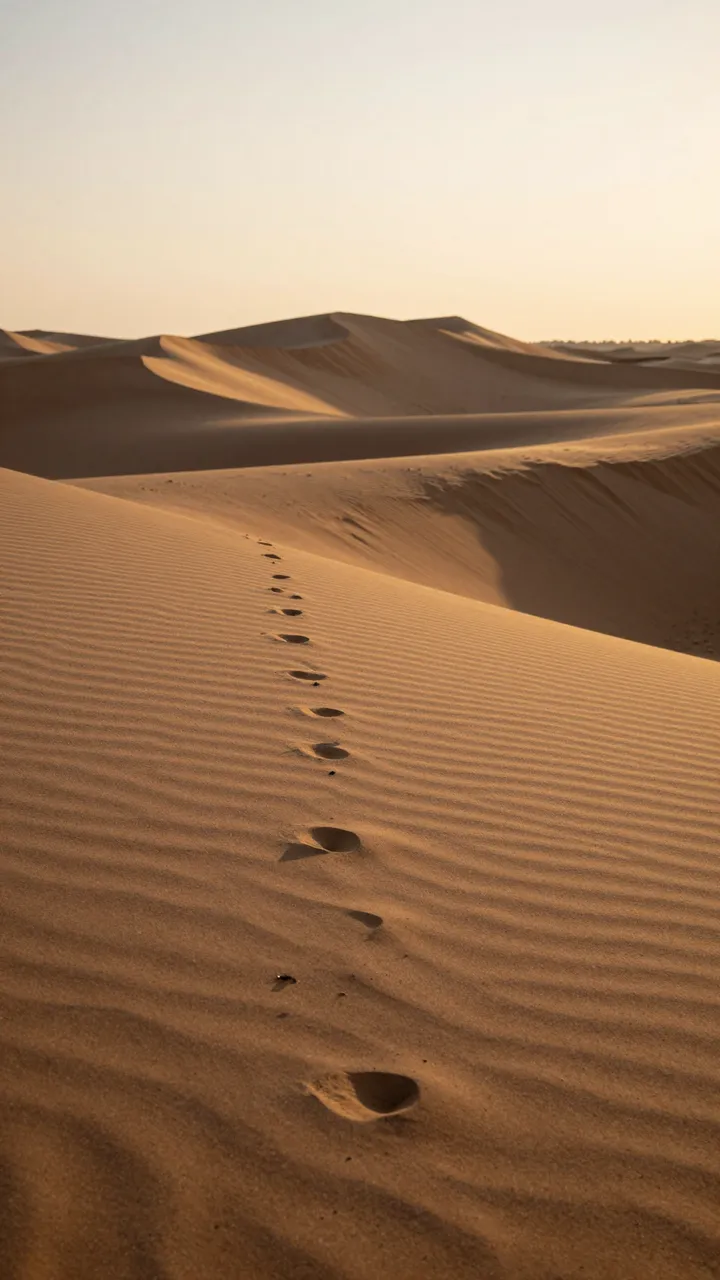 Footprints trail across rippled sand dunes under a soft pale sunset sky in a desert