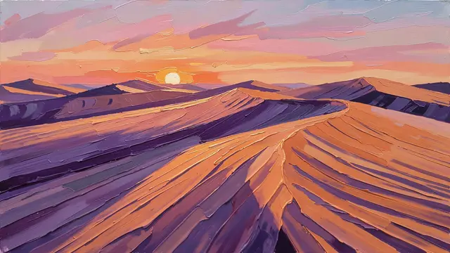 Thick impasto palette knife oil painting of rolling sand dunes glowing at sunrise with long violet shadows