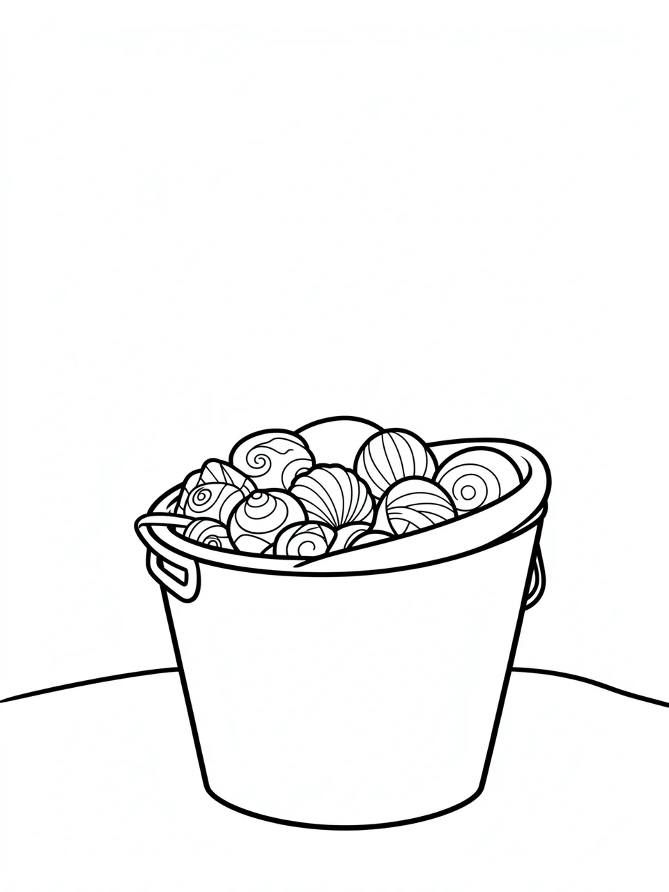 Bold black line art of a beach pail filled with seashells on a plain white background