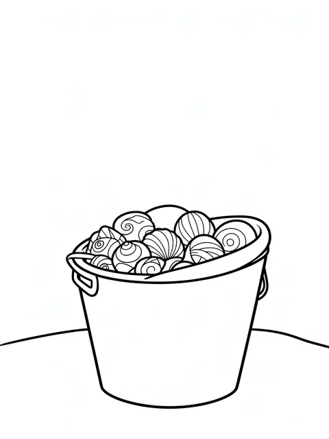 Bold black line art of a beach pail filled with seashells on a plain white background
