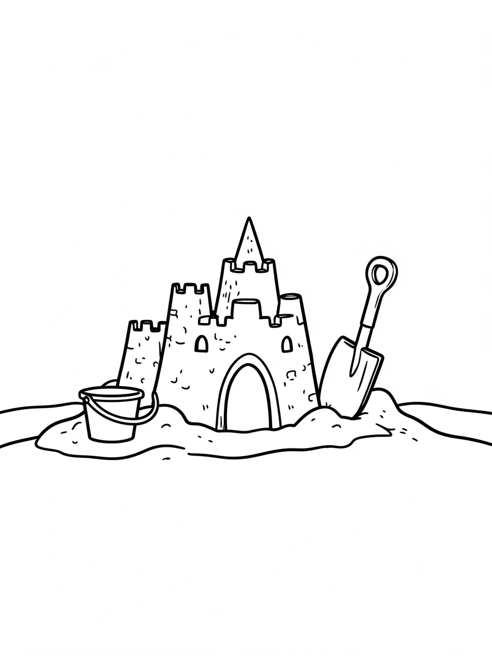 Black and white bold line art of a detailed sandcastle with a bucket and shovel on a plain white background