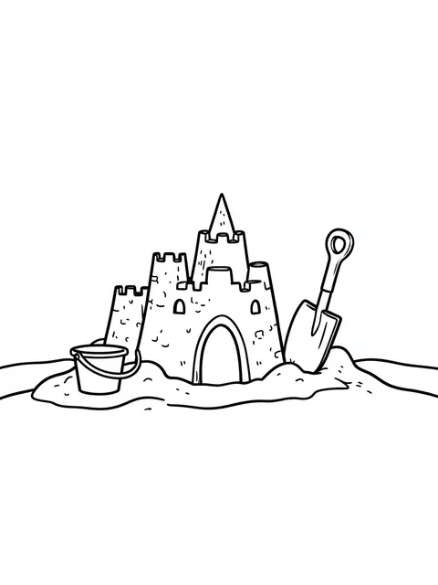Black and white bold line art of a detailed sandcastle with a bucket and shovel on a plain white background