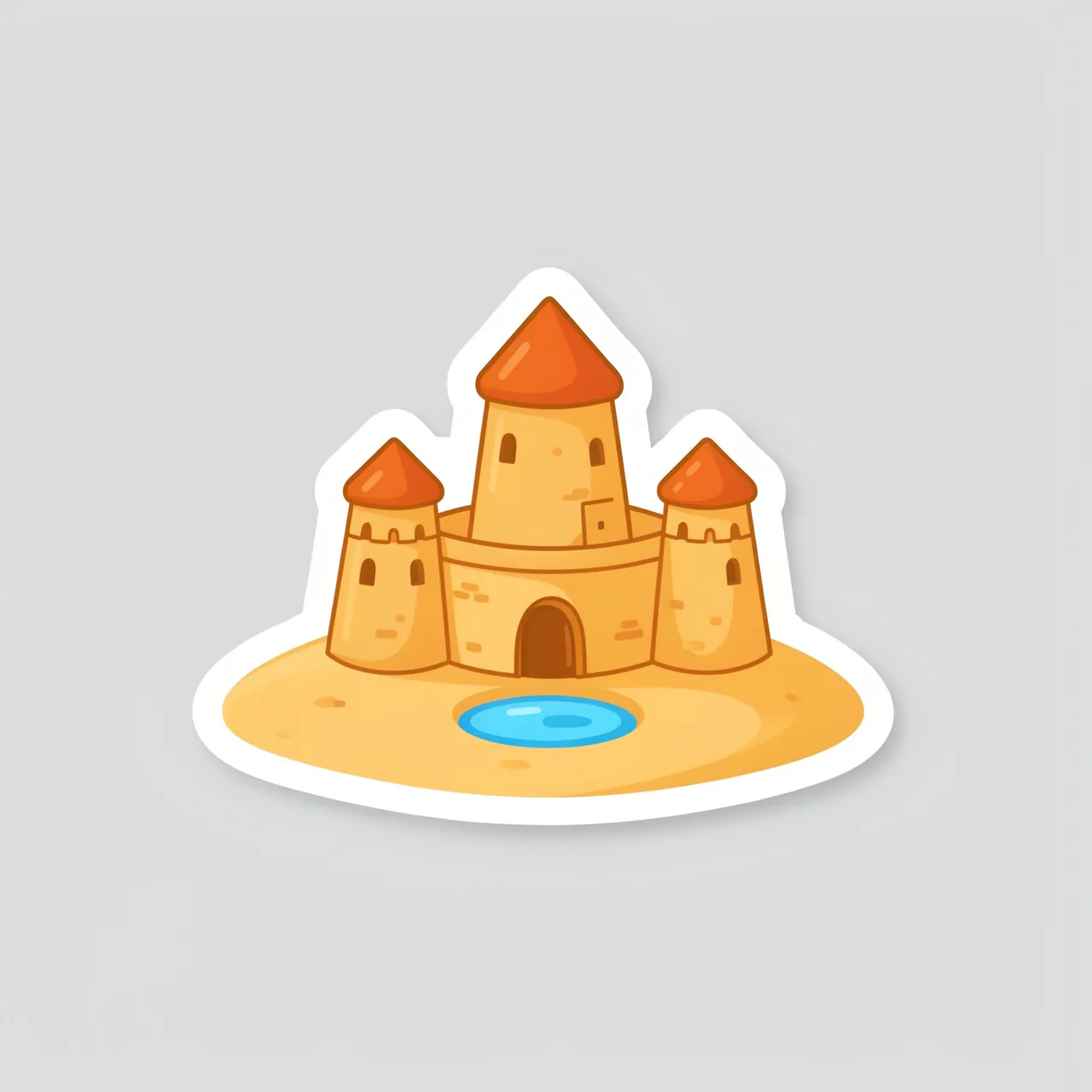 Cute flat illustration sandcastle sticker with a tiny moat and thick white border on light gray background