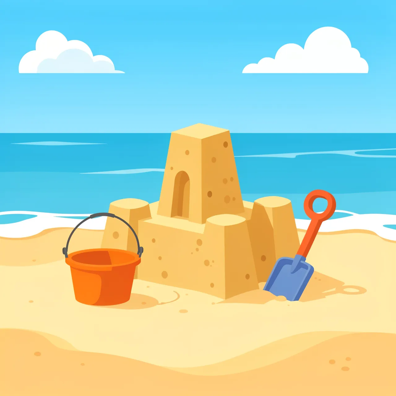 A flat vector illustration of a sandcastle, bucket, and spade sitting on a sunny sandy ocean shore