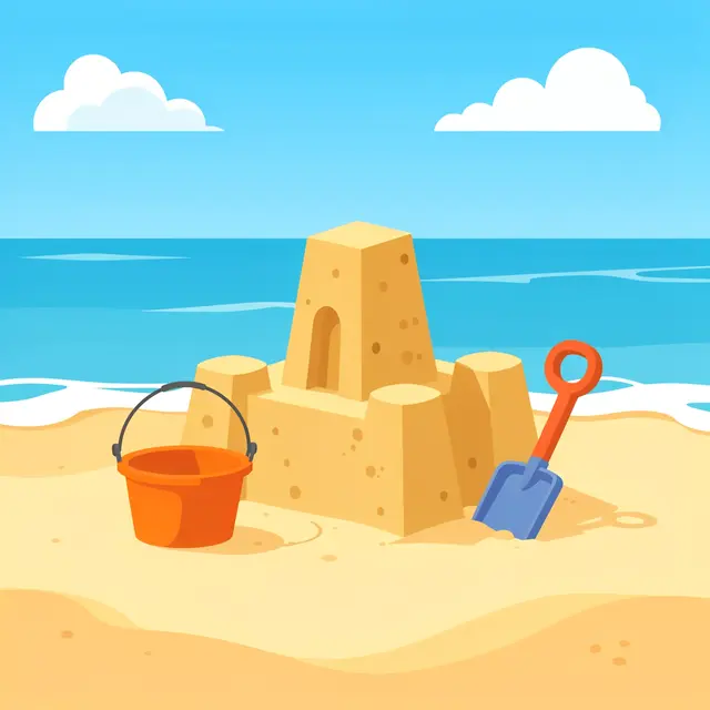 A flat vector illustration of a sandcastle, bucket, and spade sitting on a sunny sandy ocean shore