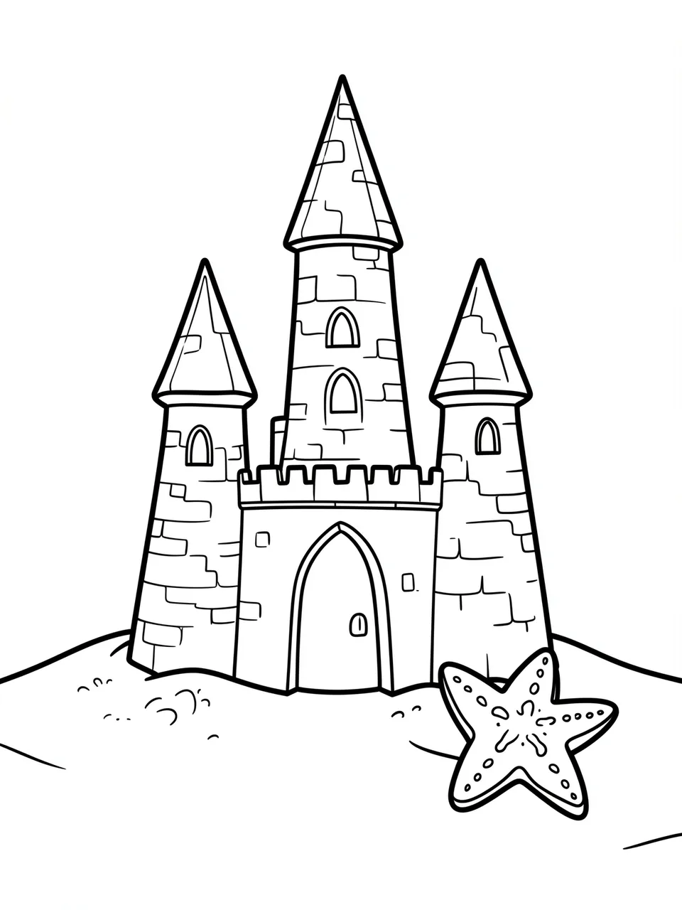 Black and white bold line art of a three-turret sandcastle with a starfish on beach sand