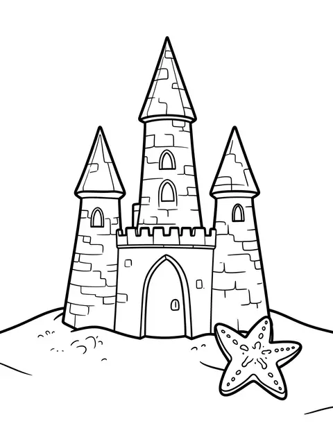 Black and white bold line art of a three-turret sandcastle with a starfish on beach sand