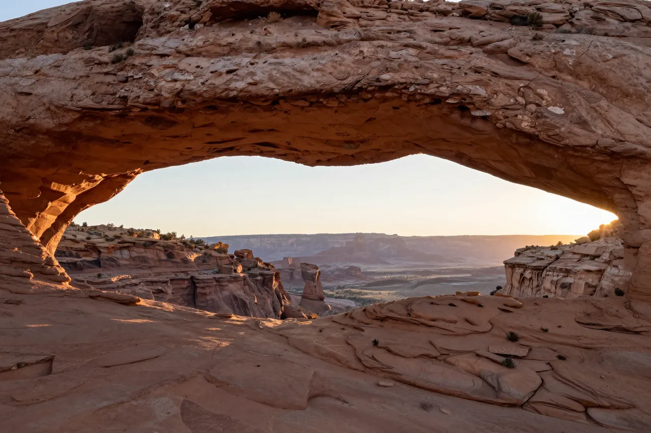 A natural sandstone arch frames a distant desert mesa landscape at golden sunrise