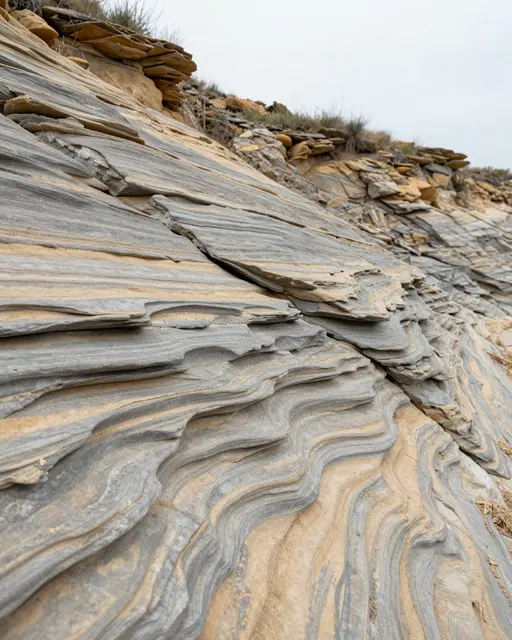 Close-up view of layered gray and tan sandstone cross-bedding under soft overcast light on a streambank outcrop