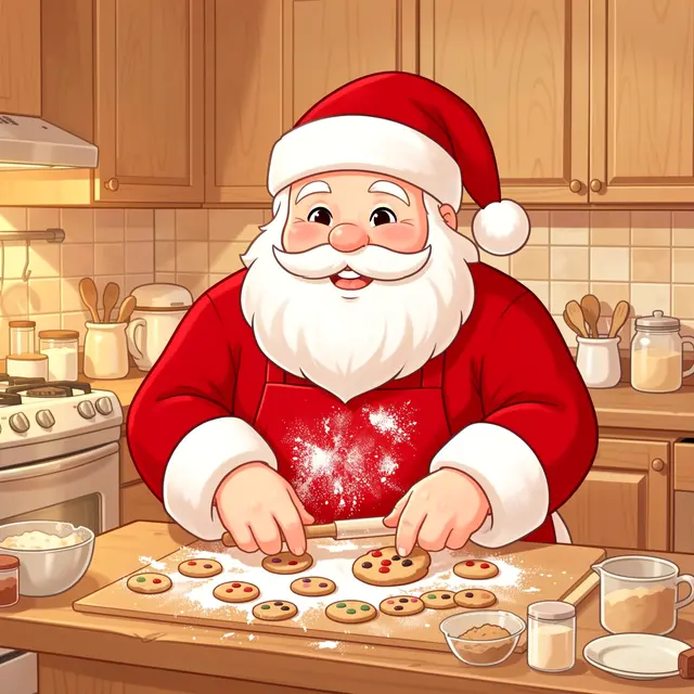Cartoon Santa Claus with flour on his red apron decorates cookies on a wooden kitchen counter