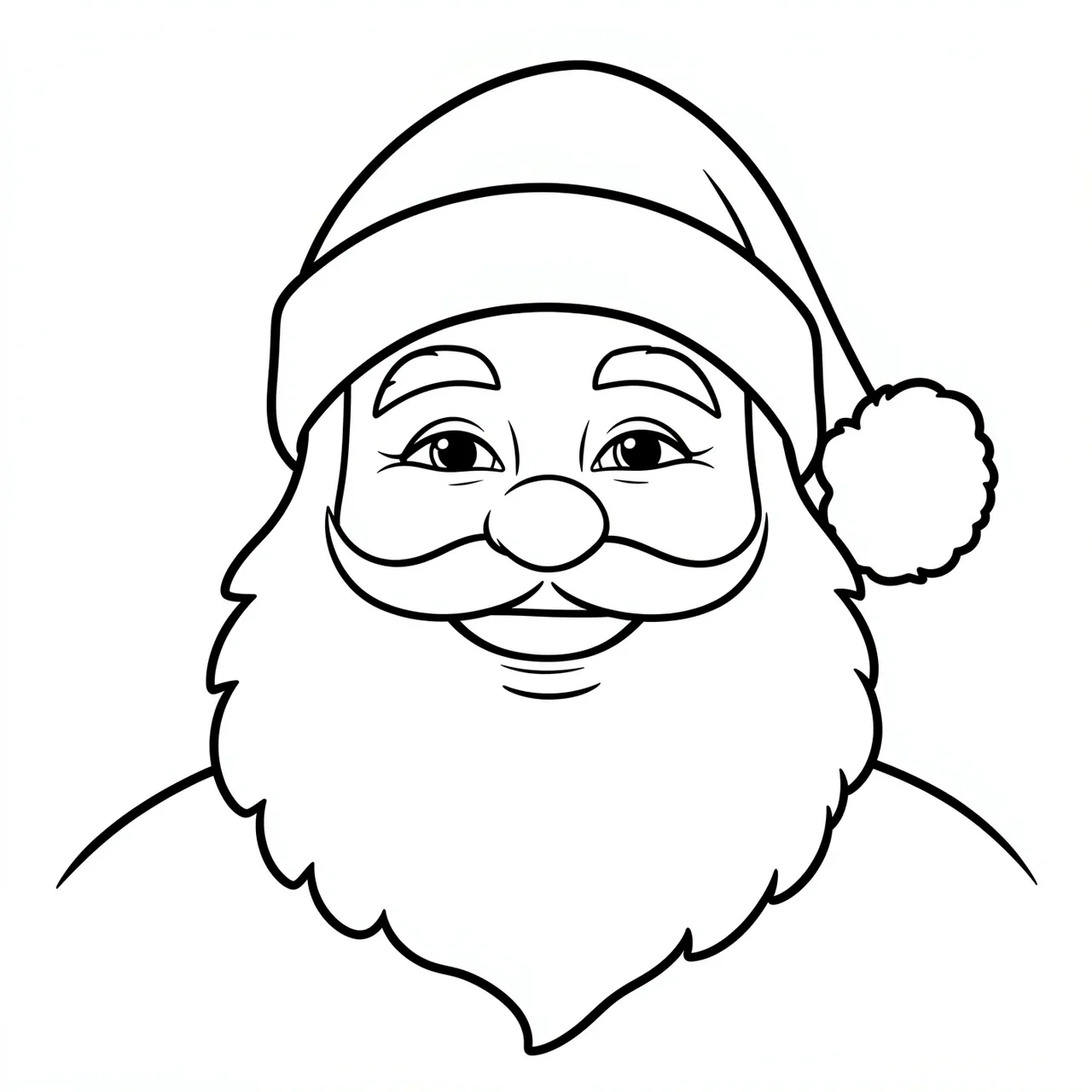 Black and white bold line art of a smiling Santa Claus face on a plain white background