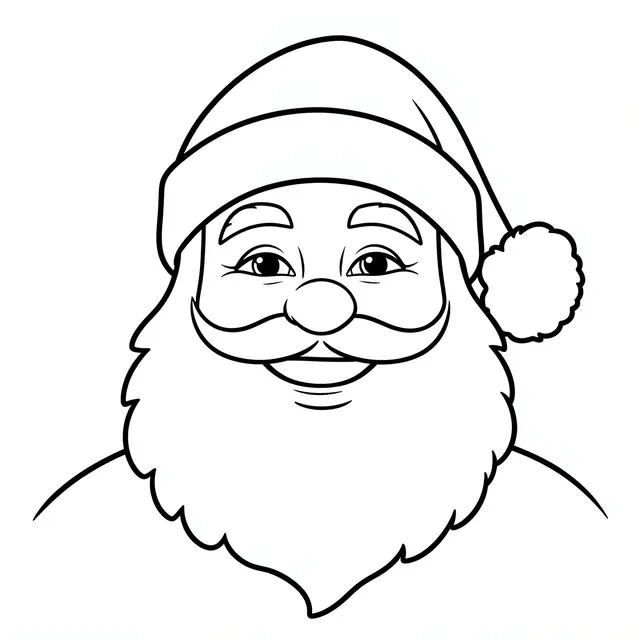 Black and white bold line art of a smiling Santa Claus face on a plain white background