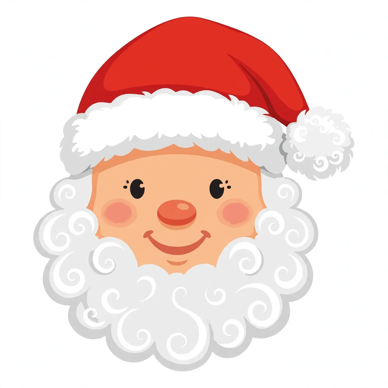 Cute flat illustration of a smiling Santa Claus face with curly white beard and red hat on a light background