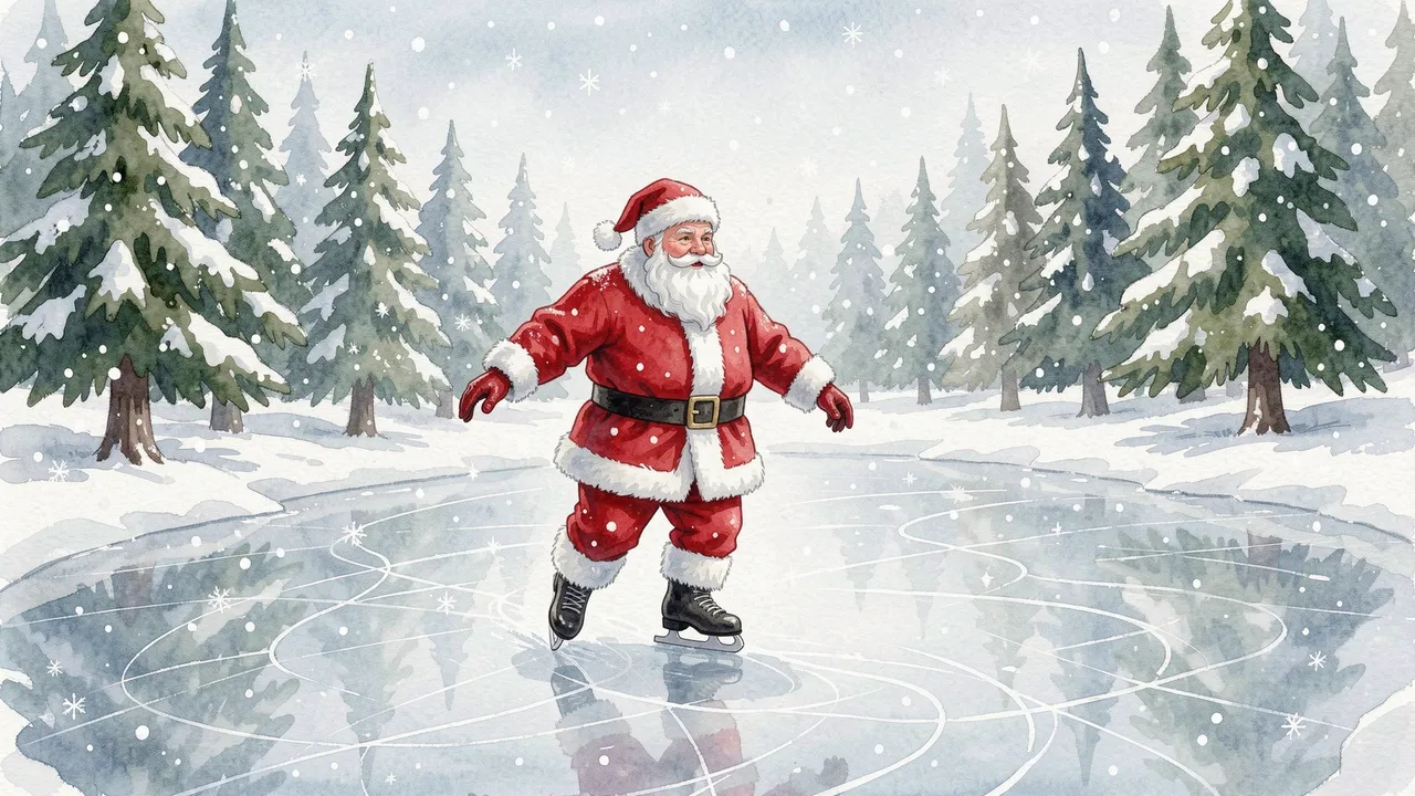 Storybook watercolor of Santa Claus ice skating on a frozen snow-dusted pond surrounded by pine trees