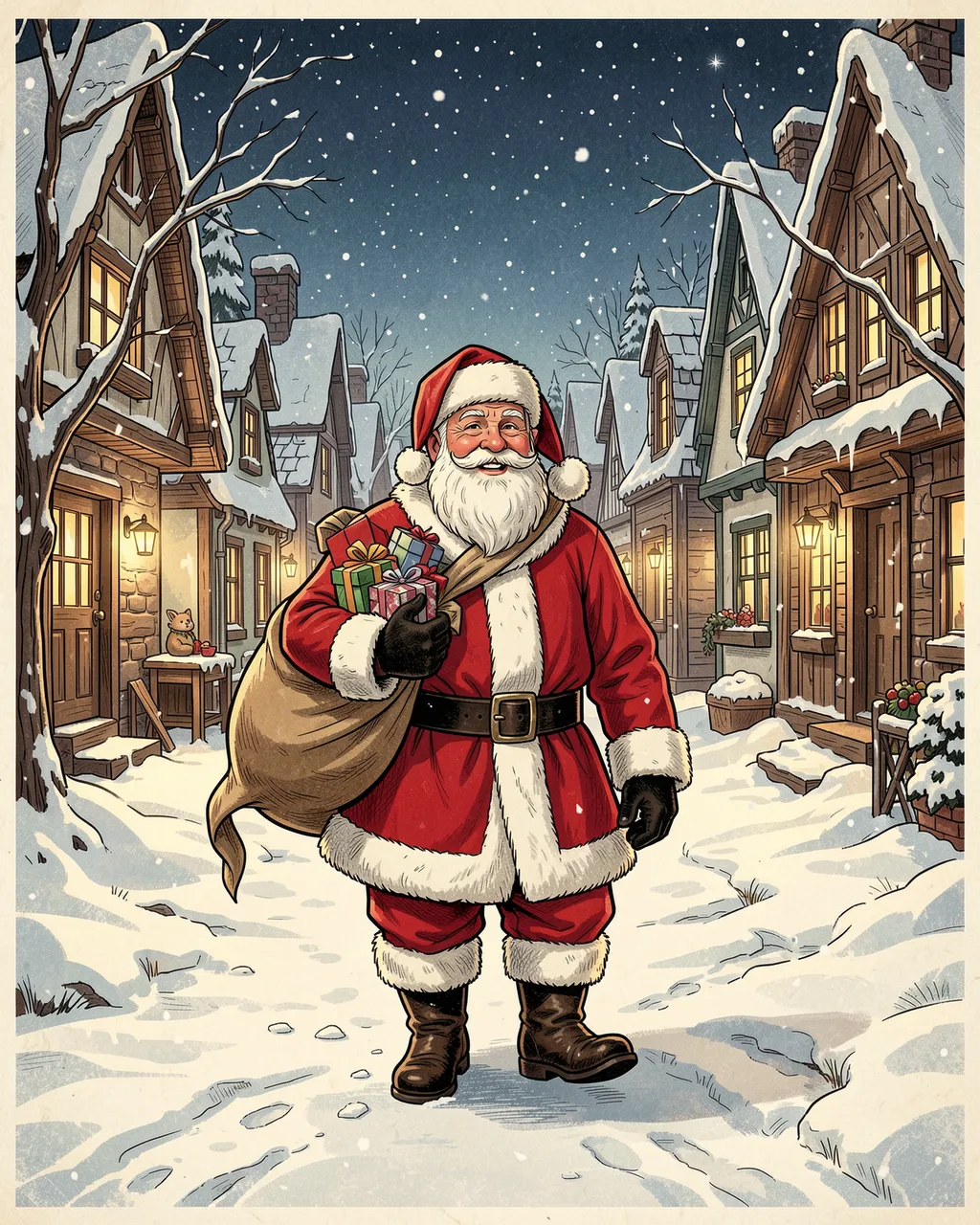 Vintage illustration of Santa Claus carrying a gift sack while standing in a snow covered village at night