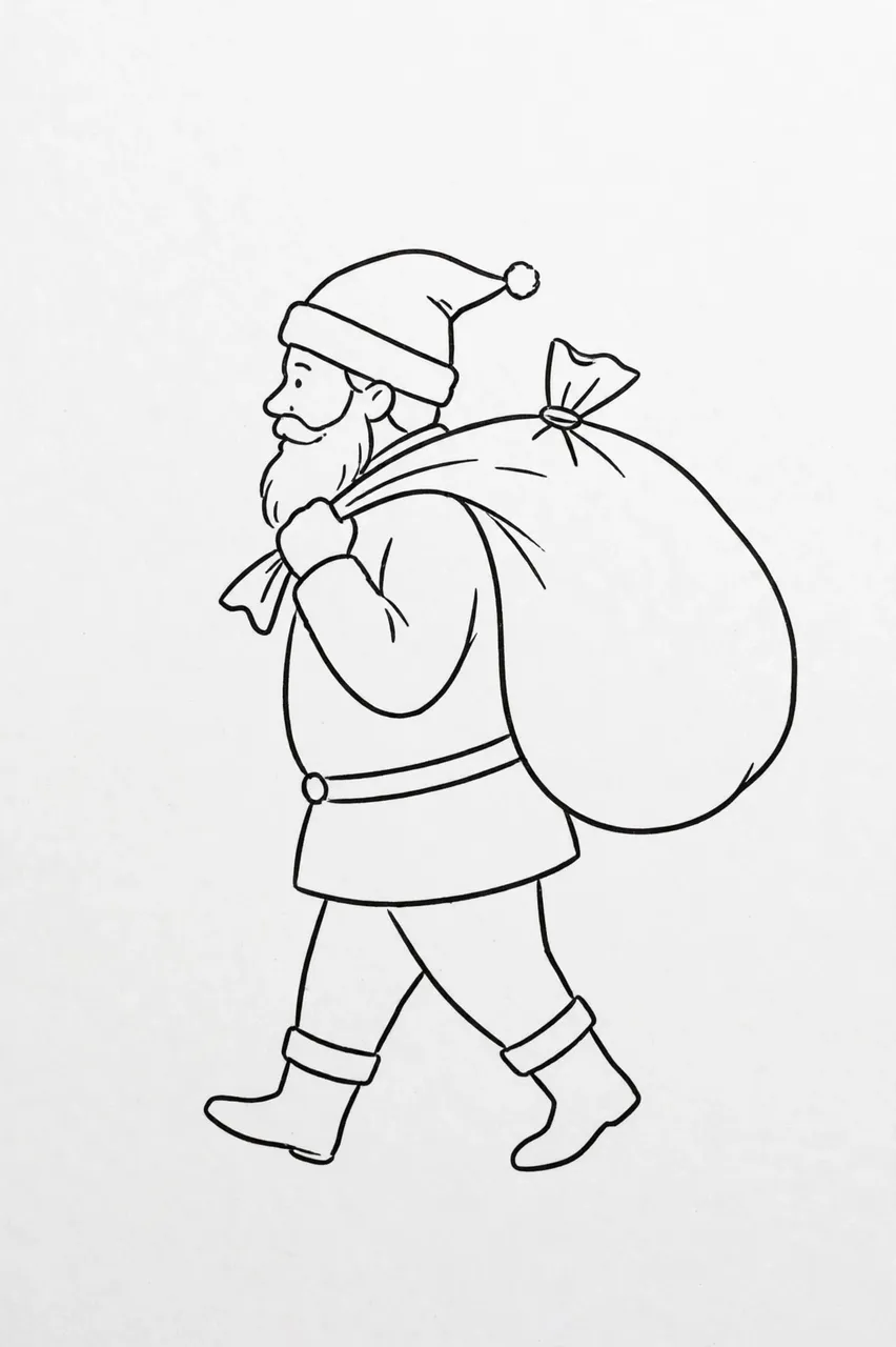 Simple side profile black line drawing of Santa Claus carrying a large gift sack while walking