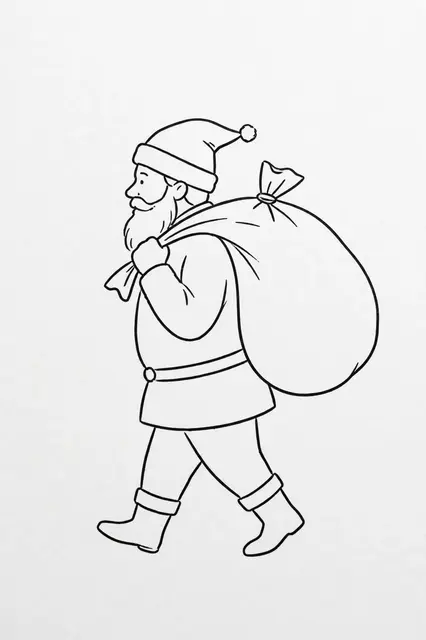 Simple side profile black line drawing of Santa Claus carrying a large gift sack while walking