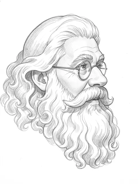 Graphite pencil sketch of Santa Claus in profile with round spectacles and a long curly beard