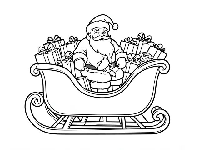 Black and white line art of Santa Claus seated in a gift-filled sleigh on a plain white background