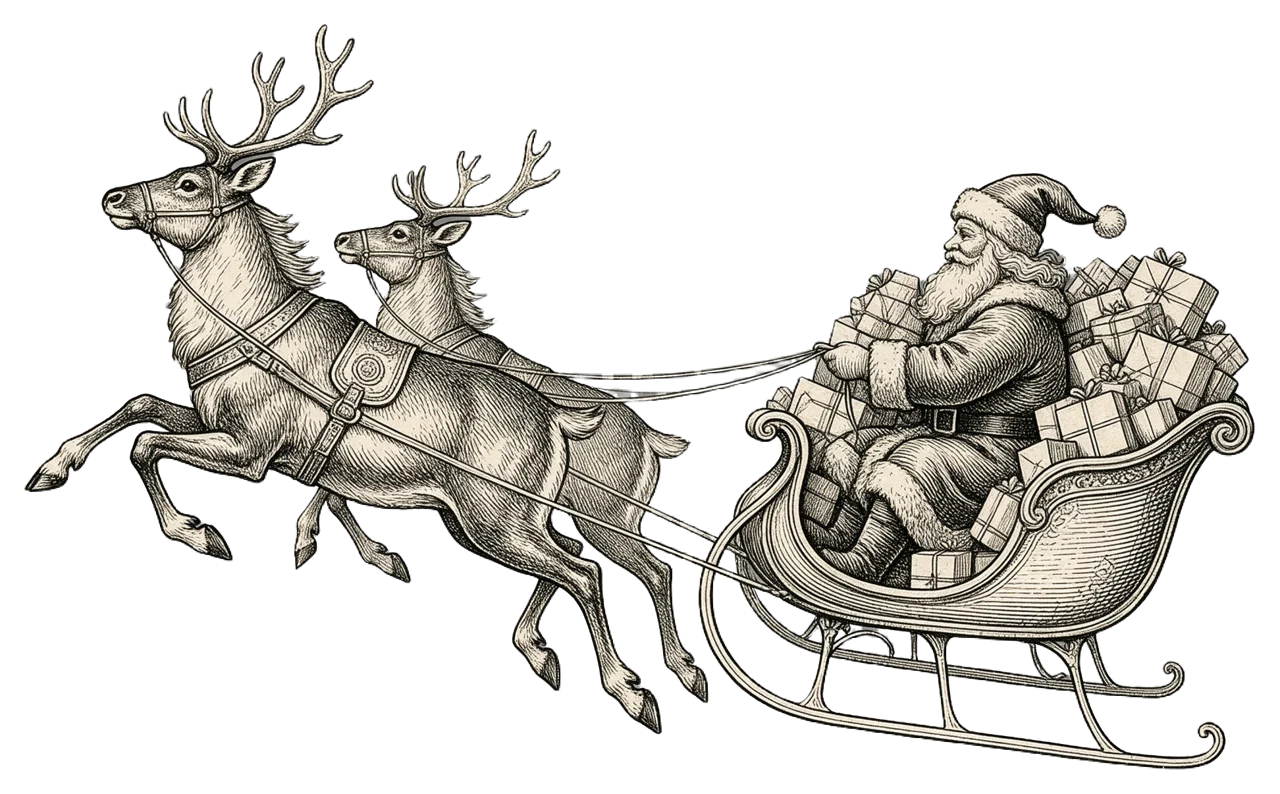 Vintage engraved illustration of Santa Claus riding a gift-filled sleigh pulled by two leaping reindeer