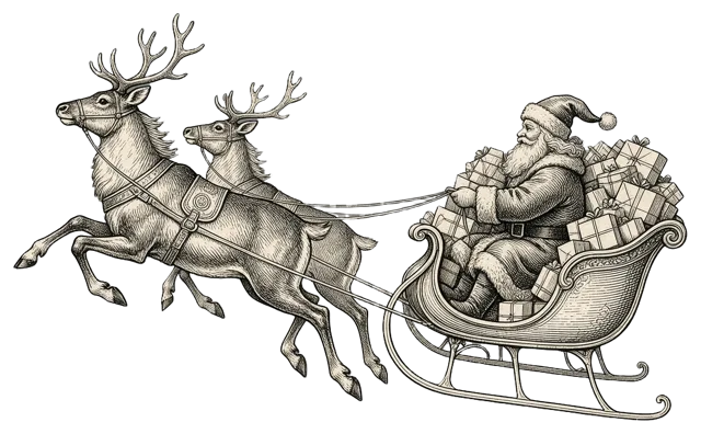 Vintage engraved illustration of Santa Claus riding a gift-filled sleigh pulled by two leaping reindeer