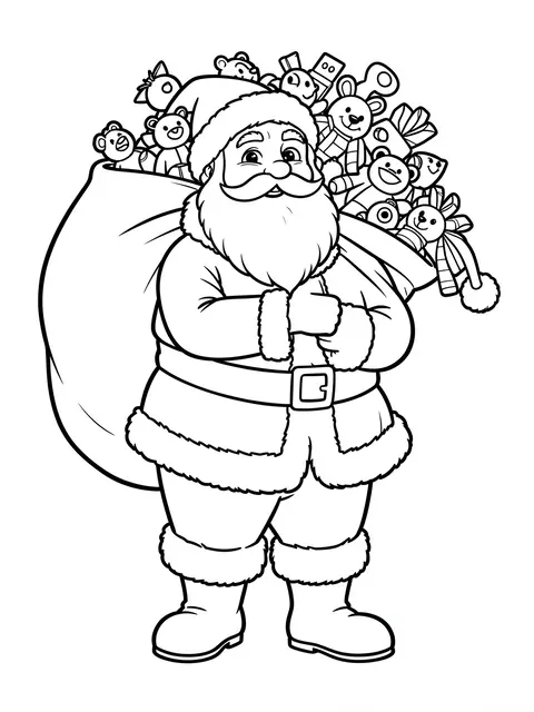 Black and white line art of Santa Claus carrying a full sack of toys on his shoulder against a plain white background