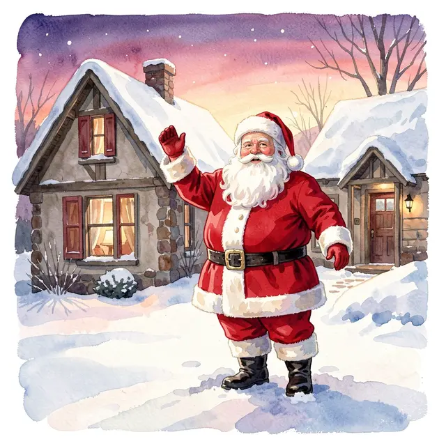 A watercolor illustration of Santa Claus waving in the snow beside a cozy snow-covered cottage at dusk
