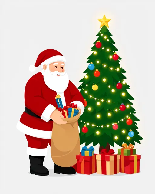 Santa Claus reaches into his gift sack beside a lit decorated Christmas tree and wrapped presents.