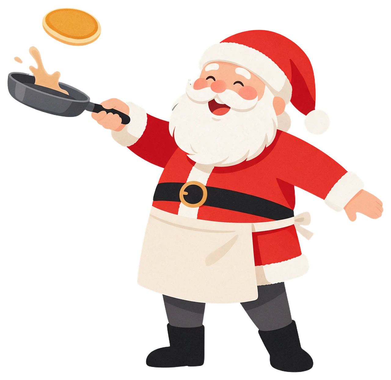 Jolly Santa Claus in an apron flips a pancake from a frying pan with a cheerful smile