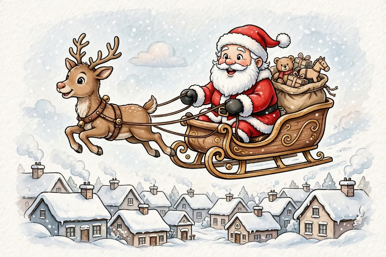 Cartoon Santa Claus rides a reindeer-pulled sleigh with gifts over snowy town rooftops during snowfall